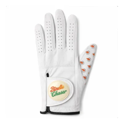 Front view of Birdie Chaser Style 2 white leather golf glove with perforated fingers, oval Birdie Chaser closure badge, and Gurdy mascot pattern on thumb panel