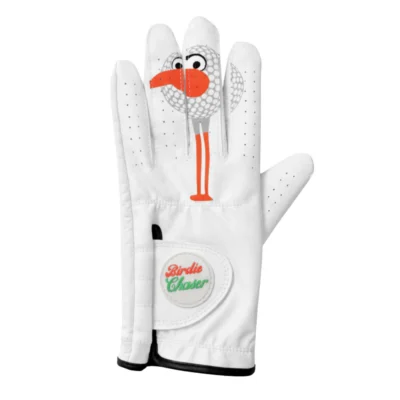 Front view of Birdie Chaser Style 3 white golf glove with large full-body Gurdy mascot illustration across the back of the hand and fingers
