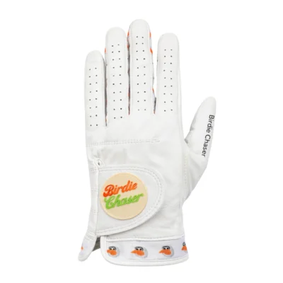 Front view of Birdie Chaser white leather golf glove with perforated fingers, round retro Birdie Chaser badge on closure tab, and repeating Gurdy mascot wristband pattern