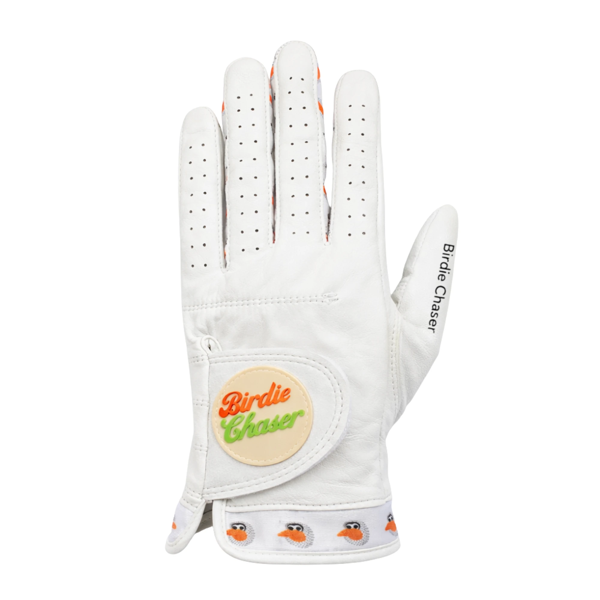 Front view of Birdie Chaser white leather golf glove with perforated fingers, round retro Birdie Chaser badge on closure tab, and repeating Gurdy mascot wristband pattern
