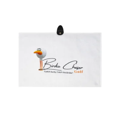 Front view of Birdie Chaser white waffle-texture golf towel with black clip tab, Gurdy mascot, Birdie Chaser Golf text, and Catch Gurdy, Catch the Birdie tagline
