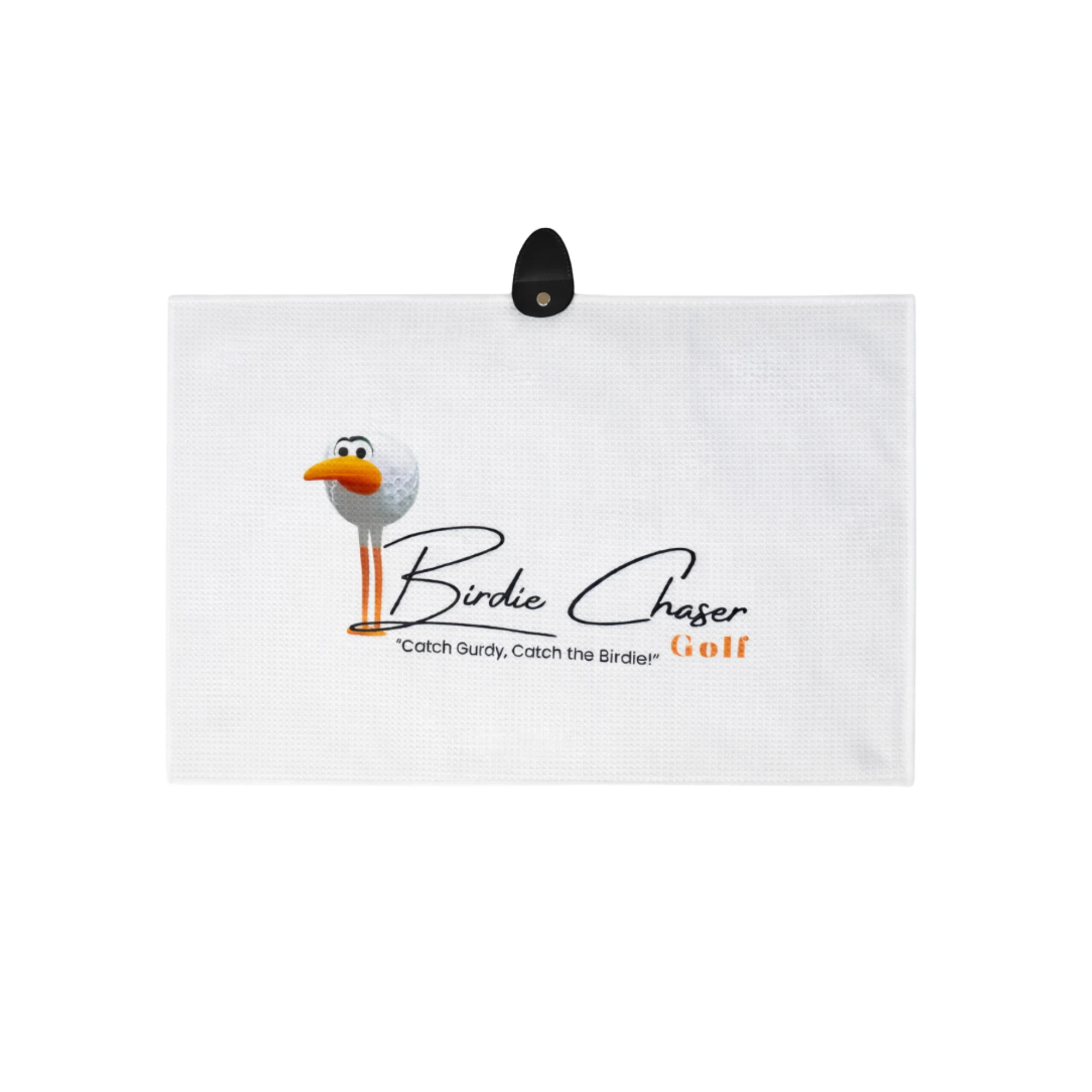 Front view of Birdie Chaser white waffle-texture golf towel with black clip tab, Gurdy mascot, Birdie Chaser Golf text, and Catch Gurdy, Catch the Birdie tagline