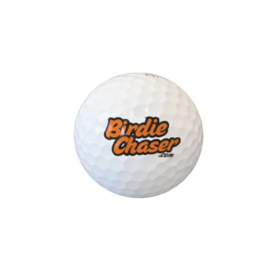 Front view of Birdie Chaser golf ball with retro-style orange Birdie Chaser .com text with dark shadow effect