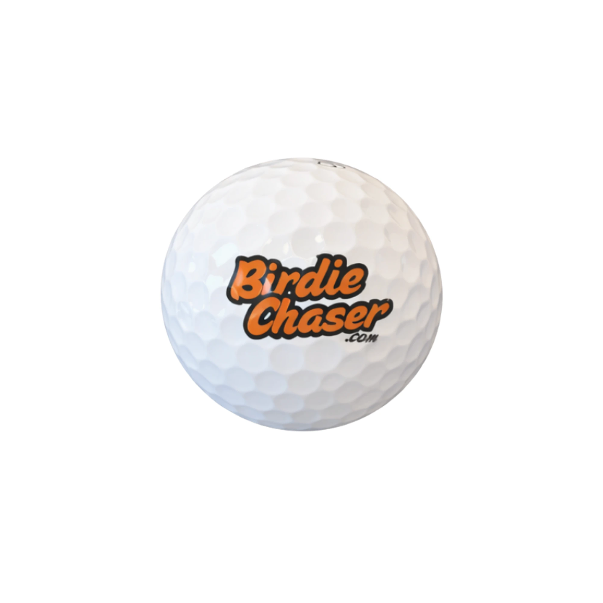 Front view of Birdie Chaser golf ball with retro-style orange Birdie Chaser .com text with dark shadow effect