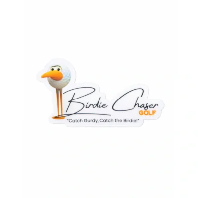 Birdie Chaser OG Gurdy die-cut sticker featuring Gurdy mascot with golf ball head next to Birdie Chaser Golf text and Catch Gurdy, Catch the Birdie tagline