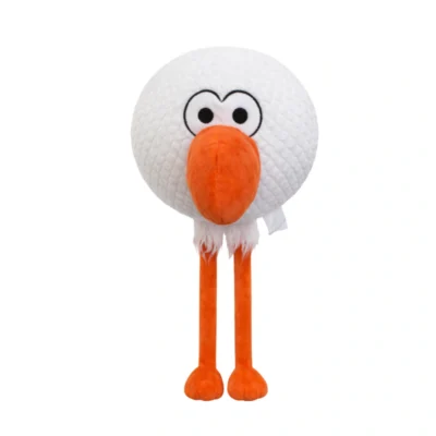 Front view of Birdie Chaser 14-inch Gurdy plush driver headcover with golf ball-textured white body, embroidered eyes, large orange beak, white feathery tuft, and long dangling orange legs