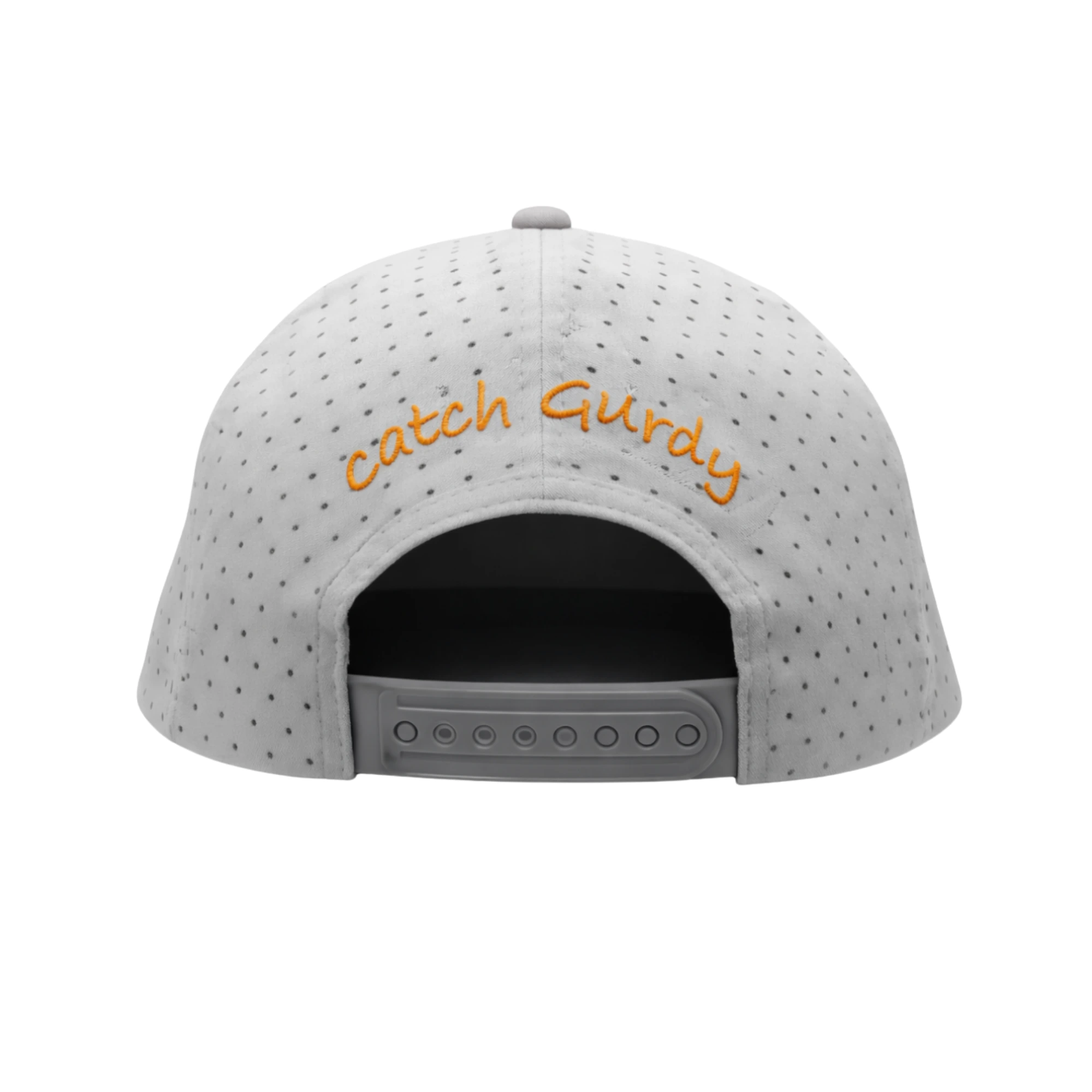 Back view of Birdie Chaser gray snapback hat showing adjustable closure