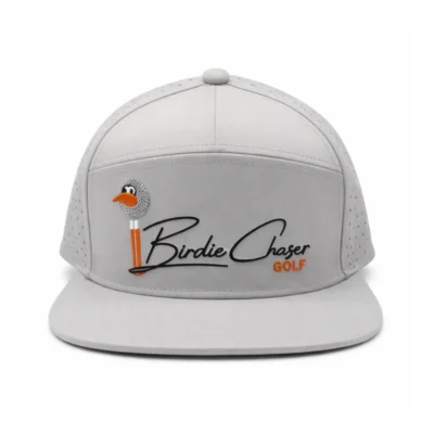 Front view of Birdie Chaser light gray snapback hat with Gurdy mascot and Birdie Chaser script embroidery in black with orange GOLF text