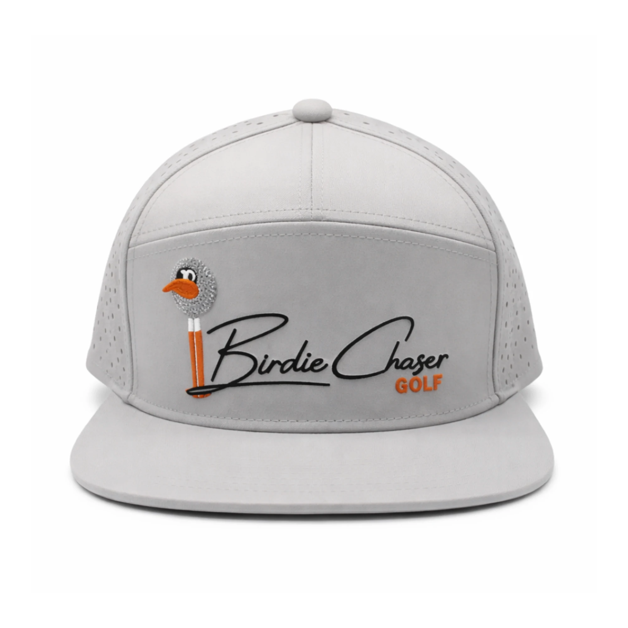 Front view of Birdie Chaser light gray snapback hat with Gurdy mascot and Birdie Chaser script embroidery in black with orange GOLF text