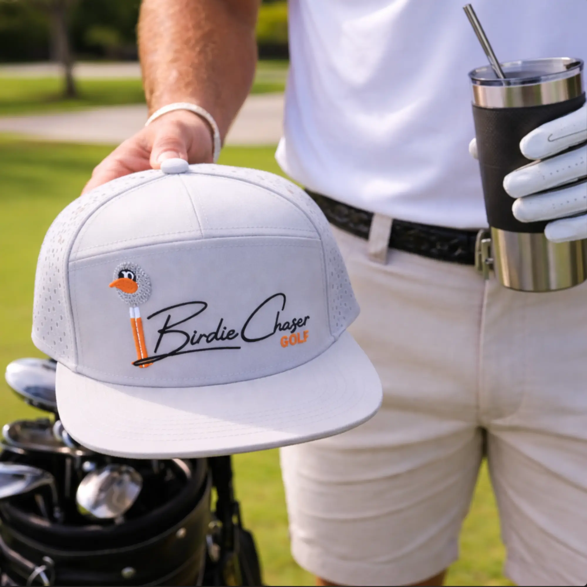 Lifestyle photo of Birdie Chaser gray script logo hat
