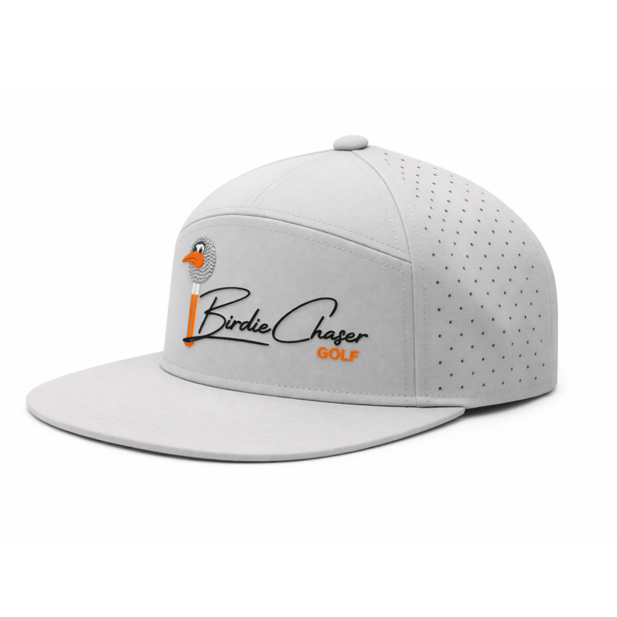 Side profile of Birdie Chaser gray hat with perforated ventilation panels