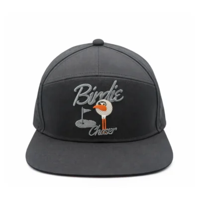 Front view of Birdie Chaser dark charcoal snapback hat with Birdie Chaser script, Gurdy mascot, and orange accent brim edge