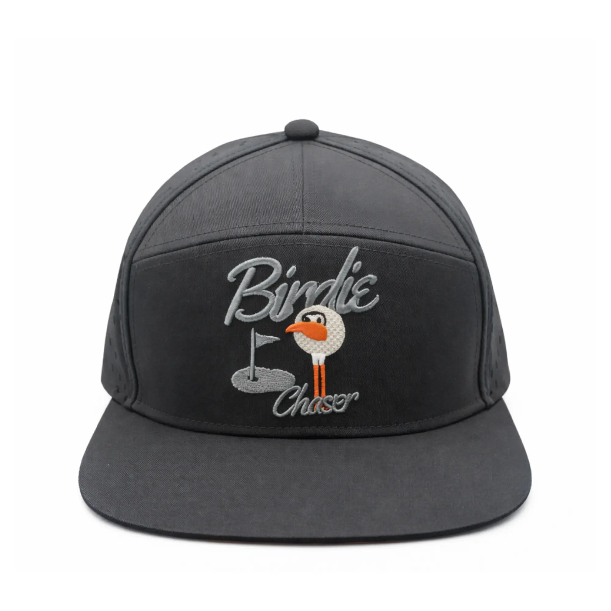 Front of black flat-brim Birdie Chaser cap with embroidered Gurdy golf-ball mascot and gray script logo