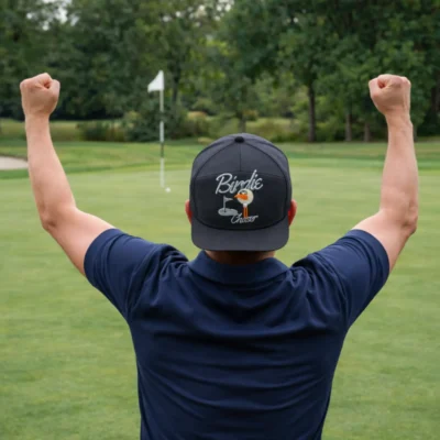 Golfer in navy shirt raising fists on a green, wearing the Birdie Chaser cap turned backward
