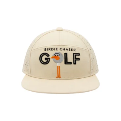Front view of Birdie Chaser tan flat-brim snapback hat with BIRDIE CHASER text and large embroidered GOLF lettering where the O is replaced by the Gurdy mascot