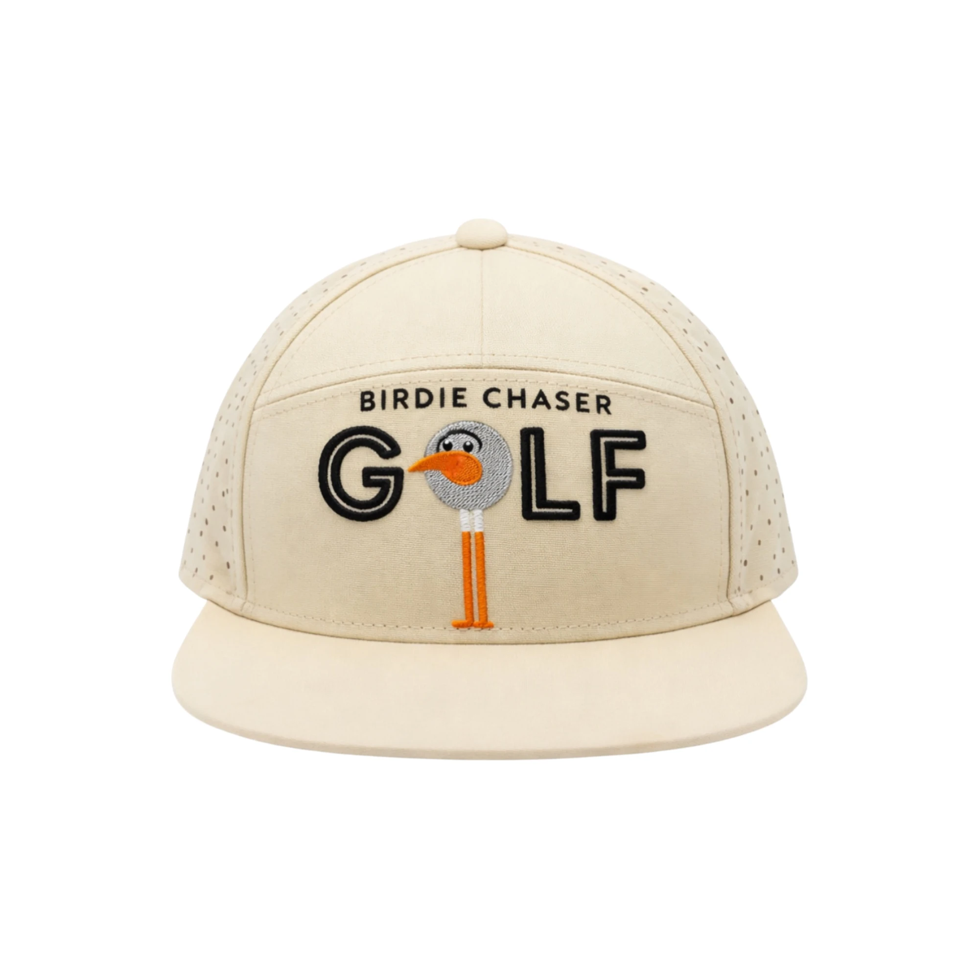 Front view of Birdie Chaser tan flat-brim snapback hat with BIRDIE CHASER text and large embroidered GOLF lettering where the O is replaced by the Gurdy mascot