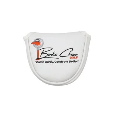 Front view of Birdie Chaser white leather mallet putter headcover with Gurdy mascot, Birdie Chaser Golf text, and Catch Gurdy, Catch the Birdie tagline