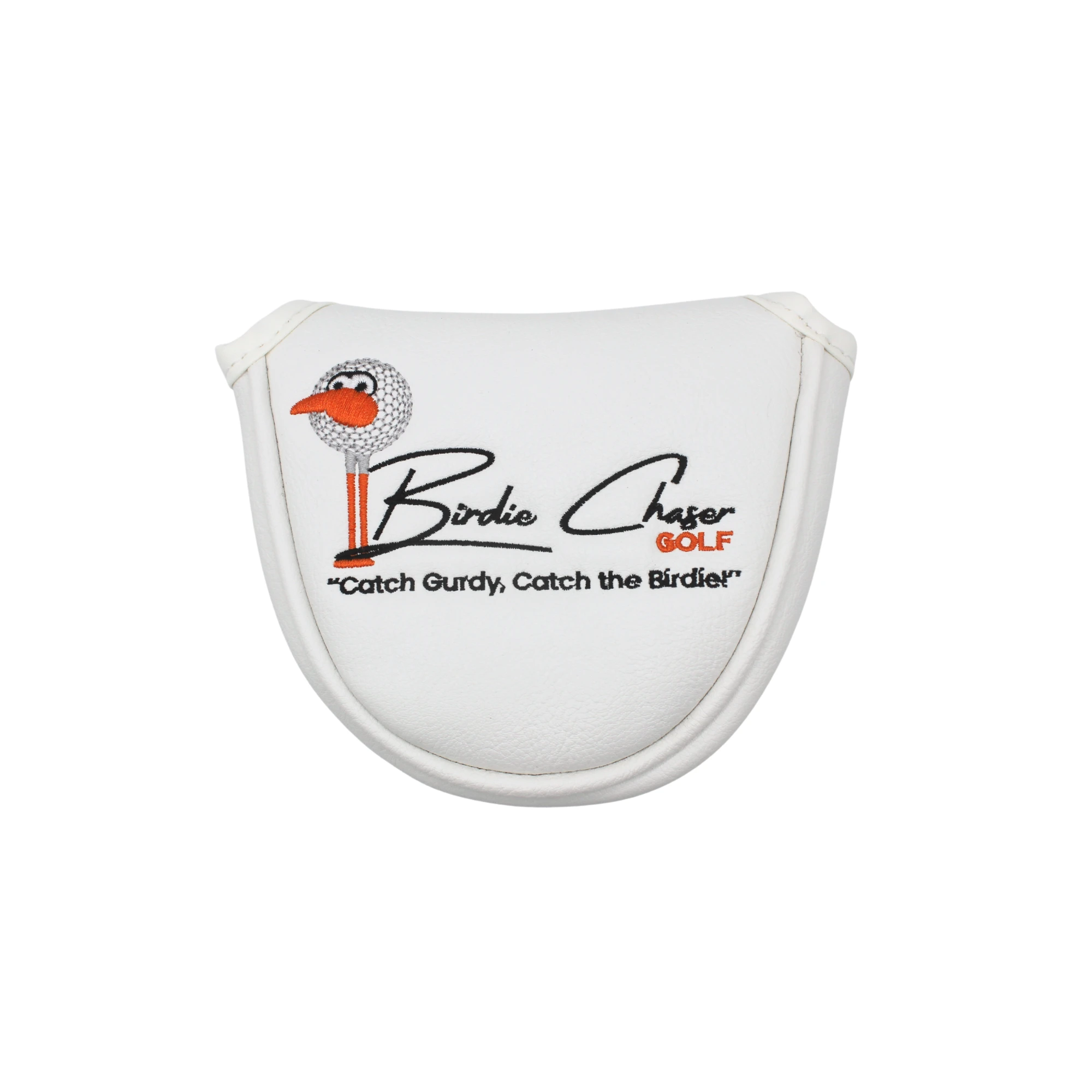 Front view of Birdie Chaser white leather mallet putter headcover with Gurdy mascot, Birdie Chaser Golf text, and Catch Gurdy, Catch the Birdie tagline