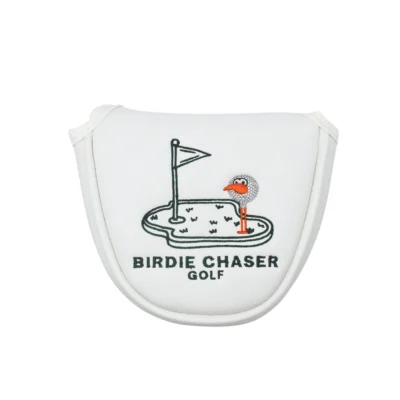 Front view of Birdie Chaser subscriber white leather mallet putter headcover with dark green putting-green scene, Gurdy mascot, and BIRDIE CHASER GOLF text