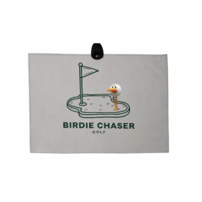 Front view of Birdie Chaser subscriber-exclusive gray golf towel with dark green putting-green illustration featuring Gurdy mascot and BIRDIE CHASER GOLF text