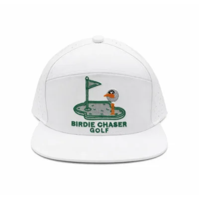 Front view of Birdie Chaser white snapback hat with green brim, featuring embroidered green putting-green scene with Gurdy mascot and BIRDIE CHASER GOLF text