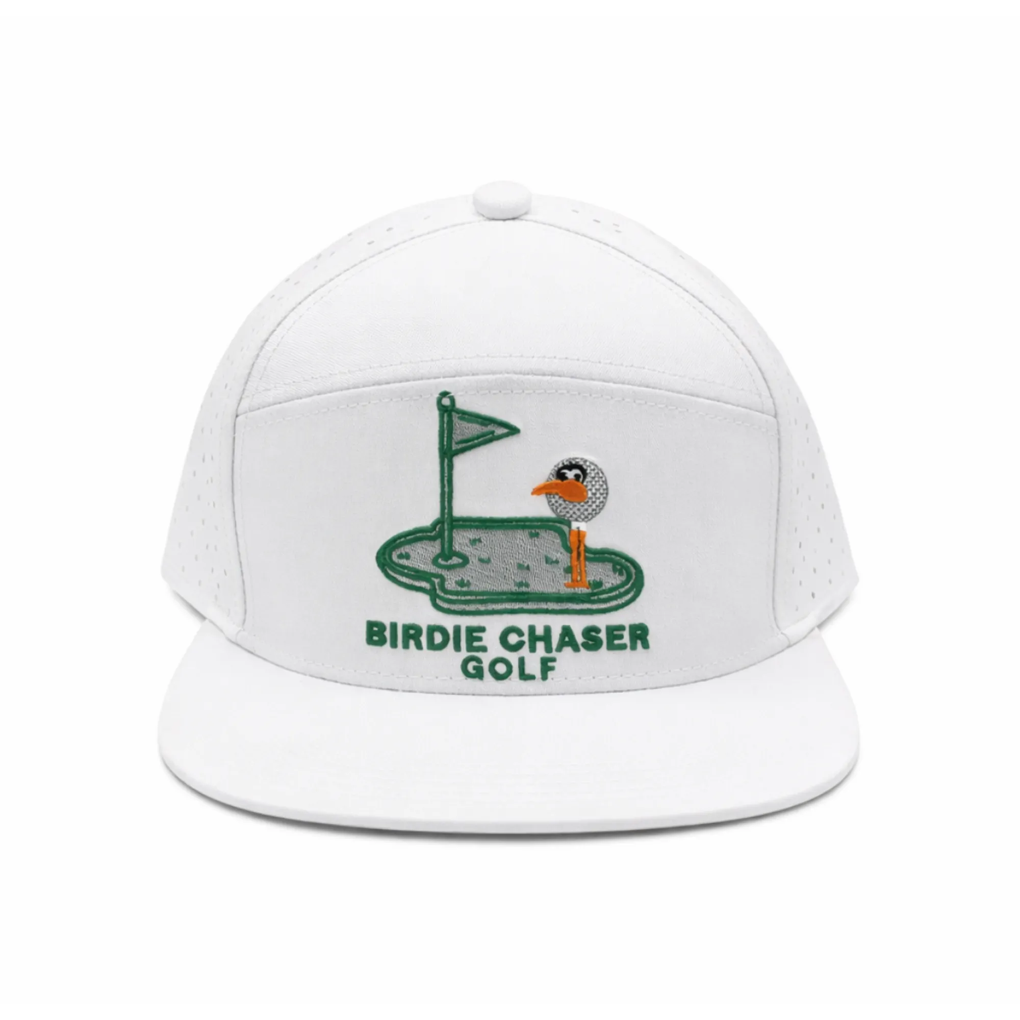 Front view of Birdie Chaser white snapback hat with green brim, featuring embroidered green putting-green scene with Gurdy mascot and BIRDIE CHASER GOLF text