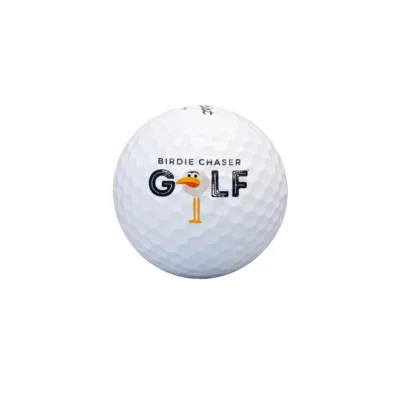 Front view of Birdie Chaser subscriber golf ball with BIRDIE CHASER GOLF text where the O is replaced by the Gurdy mascot