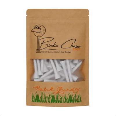 Front view of Birdie Chaser Golf Tees Set A kraft paper pouch with Gurdy mascot line art, Birdie Chaser Golf script, and clear window showing white wooden tees