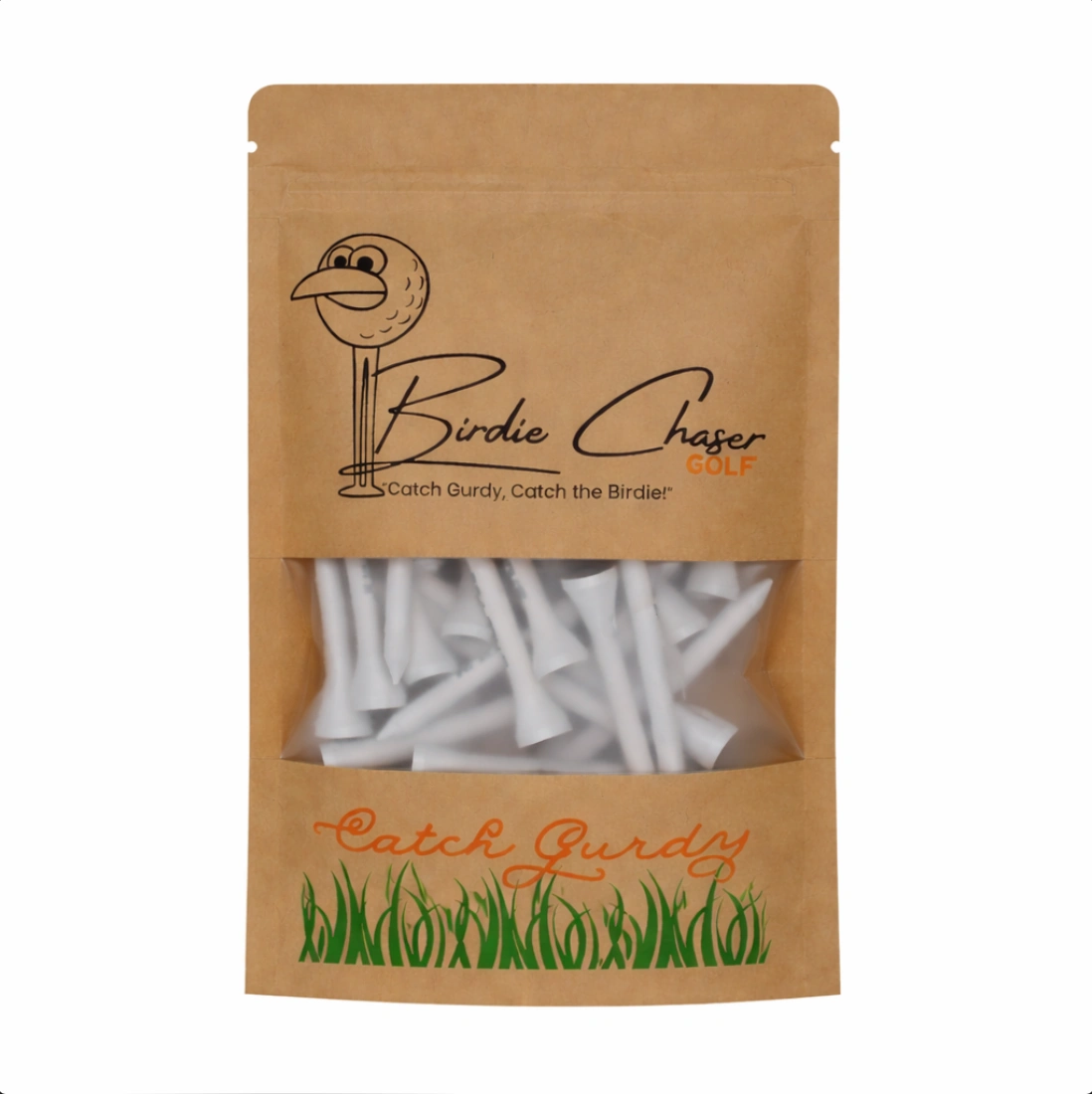 Front view of Birdie Chaser Golf Tees Set A kraft paper pouch with Gurdy mascot line art, Birdie Chaser Golf script, and clear window showing white wooden tees