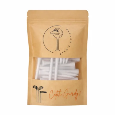 Front view of Birdie Chaser Golf Tees Set B kraft paper pouch with circular Gurdy logo, BIRDIE CHASER text arc, clear window showing white tees, and Catch Gurdy script