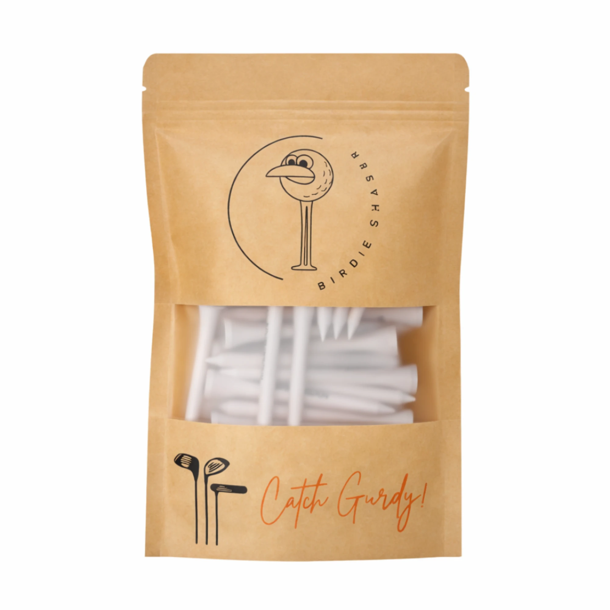 Front view of Birdie Chaser Golf Tees Set B kraft paper pouch with circular Gurdy logo, BIRDIE CHASER text arc, clear window showing white tees, and Catch Gurdy script