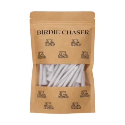 Front view of Birdie Chaser Golf Tees Set C kraft paper pouch with BIRDIE CHASER block text, repeating golf cart line-art pattern, and clear window showing white wooden tees