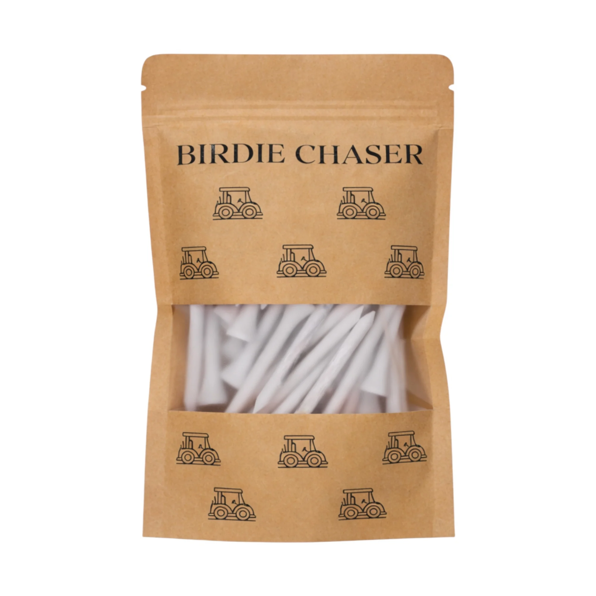 Front view of Birdie Chaser Golf Tees Set C kraft paper pouch with BIRDIE CHASER block text, repeating golf cart line-art pattern, and clear window showing white wooden tees