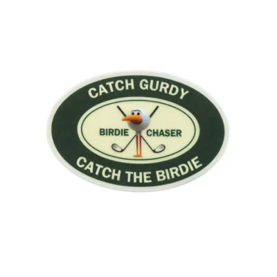 Birdie Chaser Catch Gurdy oval sticker with dark green background, CATCH GURDY CATCH THE BIRDIE text, and Gurdy mascot with crossed golf clubs in center emblem