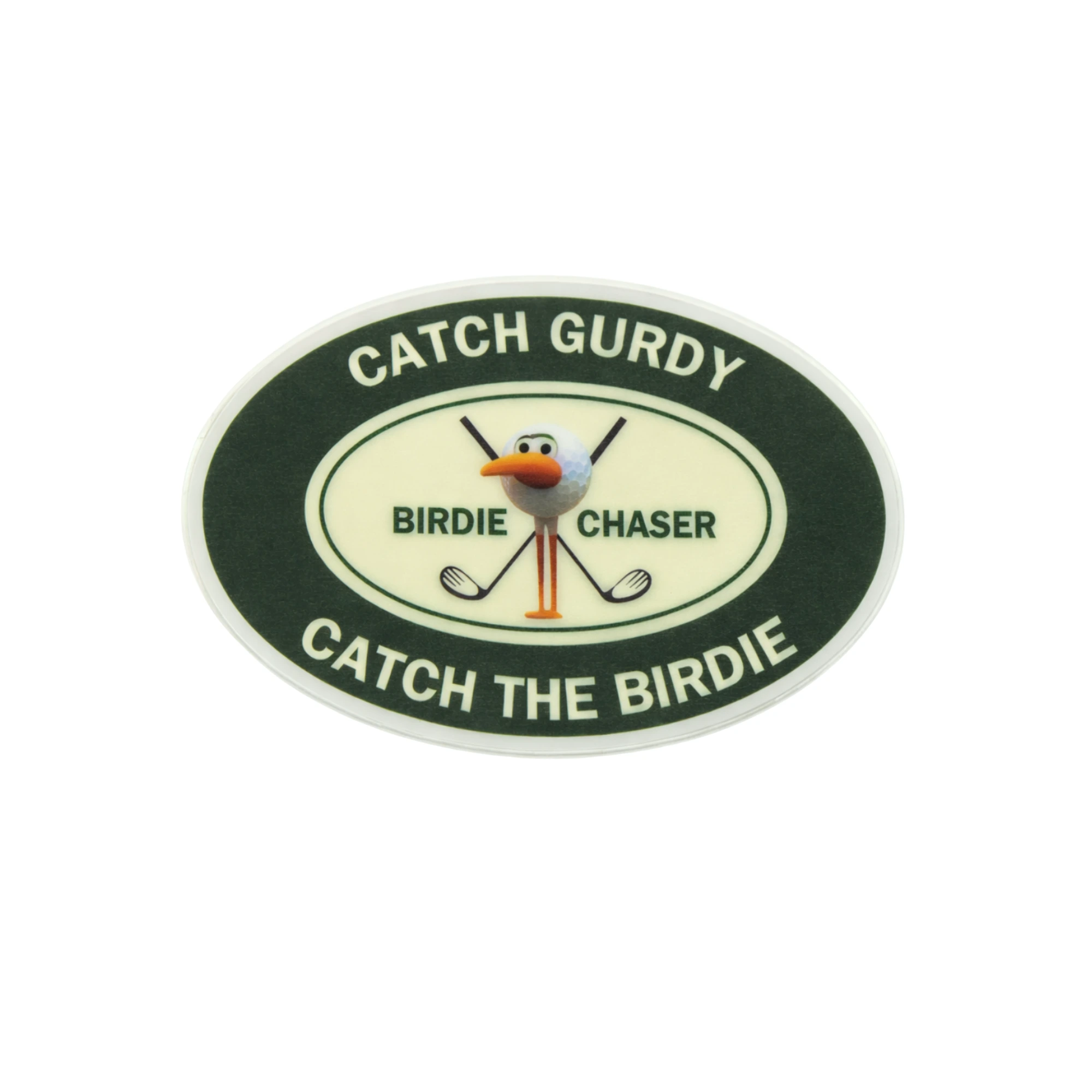 Birdie Chaser Catch Gurdy oval sticker with dark green background, CATCH GURDY CATCH THE BIRDIE text, and Gurdy mascot with crossed golf clubs in center emblem