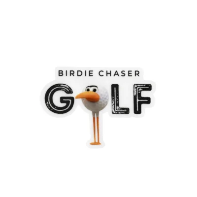 Birdie Chaser Gurdy GOLF Logo die-cut sticker with BIRDIE CHASER text above large distressed GOLF lettering where the O is replaced by the 3D Gurdy mascot