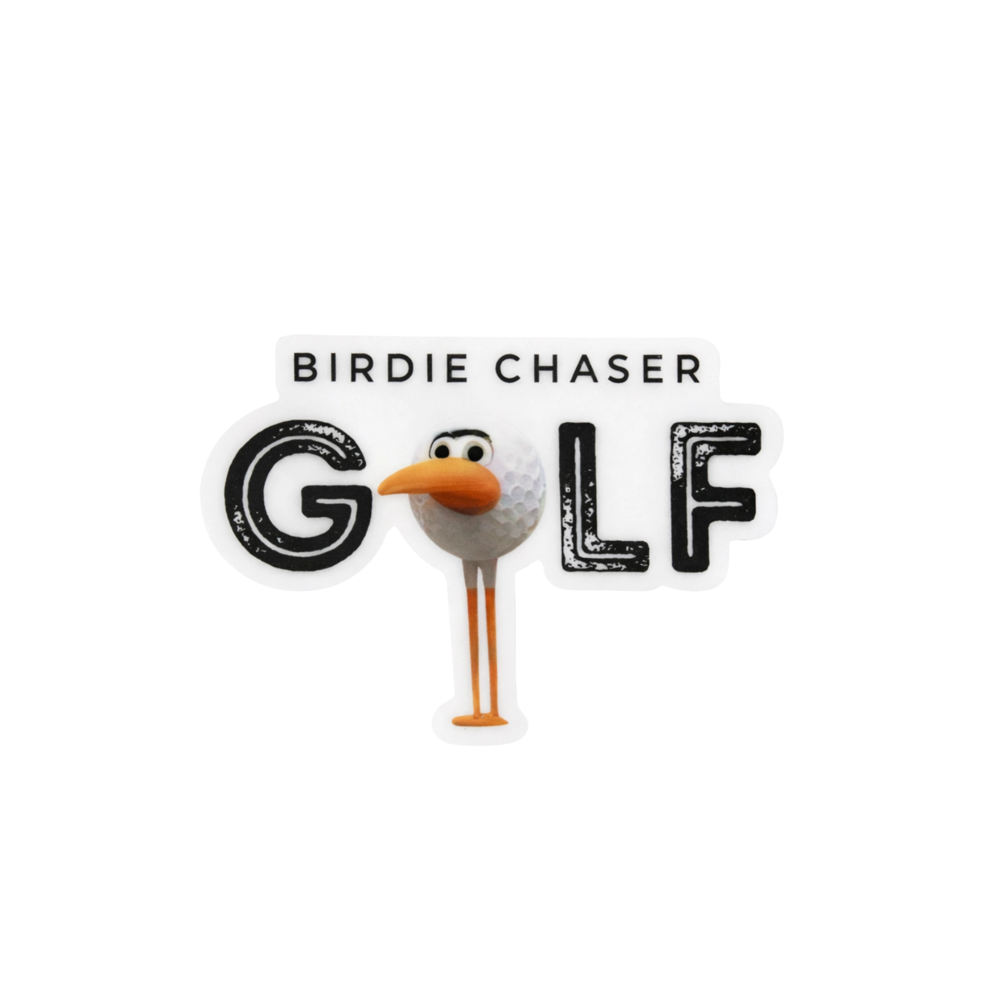 Birdie Chaser Gurdy GOLF Logo die-cut sticker with BIRDIE CHASER text above large distressed GOLF lettering where the O is replaced by the 3D Gurdy mascot
