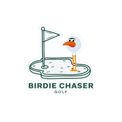 Birdie Chaser Gurdy Putting die-cut sticker showing Gurdy mascot standing on a putting green next to a flagstick with BIRDIE CHASER GOLF in dark green text