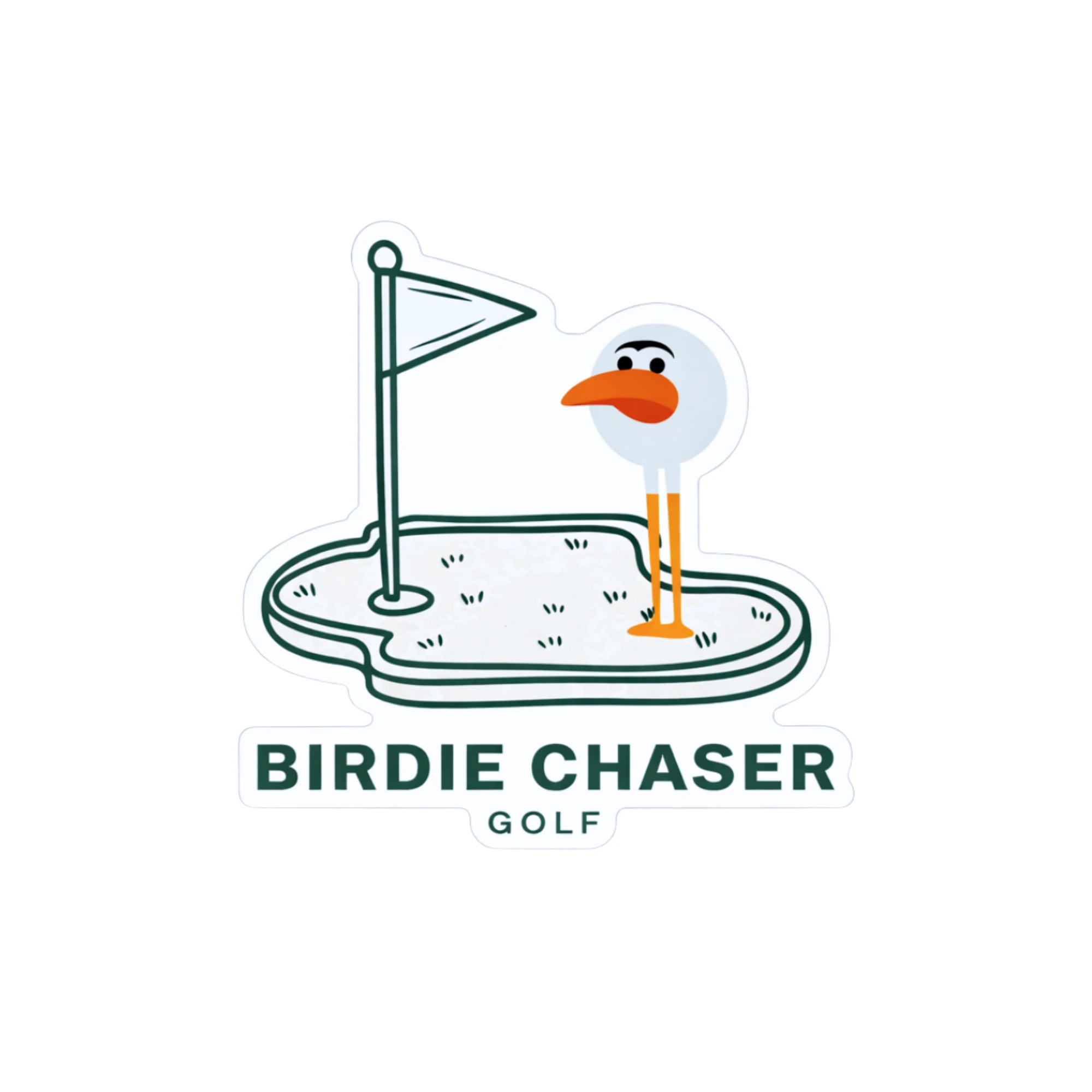 Birdie Chaser Gurdy Putting die-cut sticker showing Gurdy mascot standing on a putting green next to a flagstick with BIRDIE CHASER GOLF in dark green text