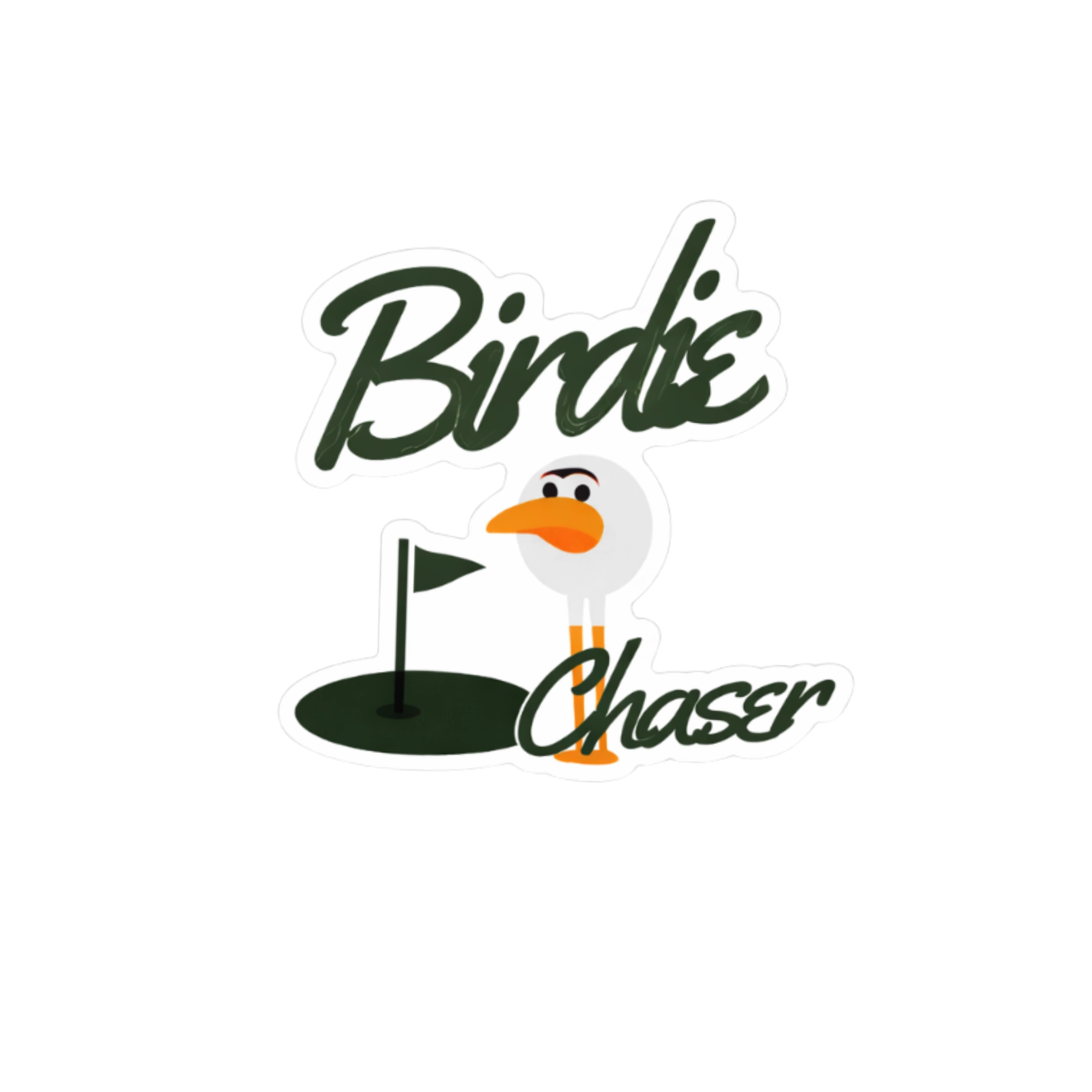 Birdie Chaser Minimal Putting die-cut sticker with flat Gurdy illustration on a putting green between Birdie and Chaser in dark green script