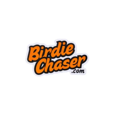 Birdie Chaser Orange Logo die-cut sticker with bold bubbly Birdie Chaser .com text in bright orange with black outline