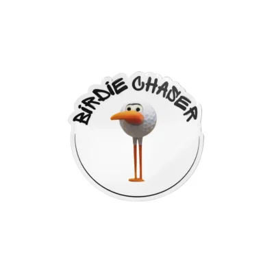 Birdie Chaser Retro Gurdy circular die-cut sticker with 3D Gurdy mascot centered below BIRDIE CHASER in graffiti-style hand-drawn uppercase lettering