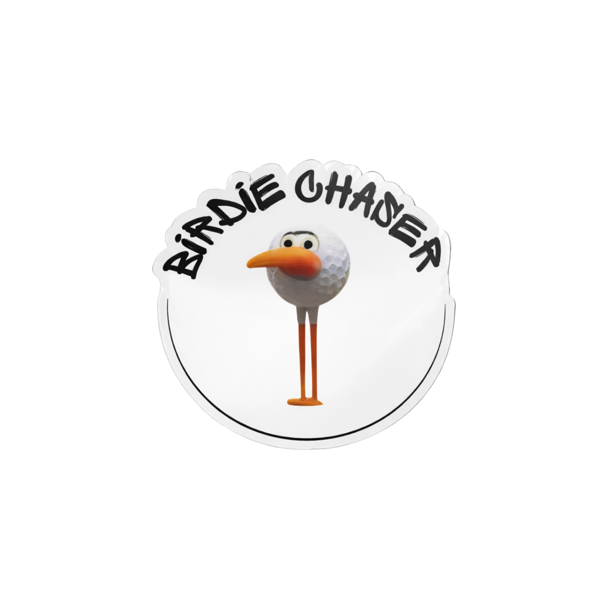 Birdie Chaser Retro Gurdy circular die-cut sticker with 3D Gurdy mascot centered below BIRDIE CHASER in graffiti-style hand-drawn uppercase lettering