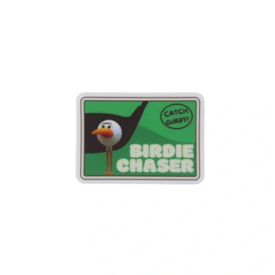 Birdie Chaser Retro Script rounded rectangle sticker with green background, rolling hills, golf club silhouette, 3D Gurdy mascot, CATCH GURDY speech bubble, and BIRDIE CHASER in white block letters