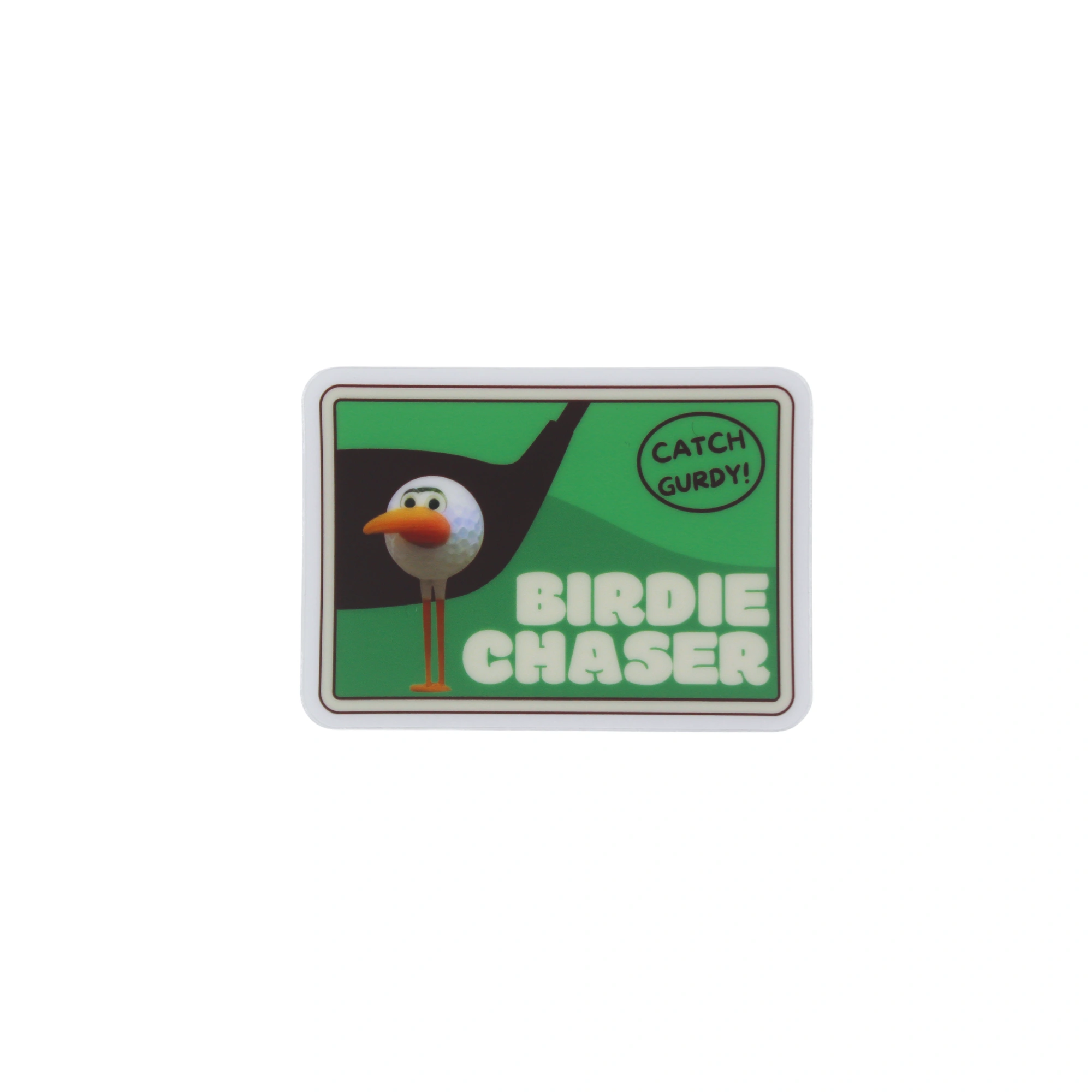Birdie Chaser Retro Script rounded rectangle sticker with green background, rolling hills, golf club silhouette, 3D Gurdy mascot, CATCH GURDY speech bubble, and BIRDIE CHASER in white block letters