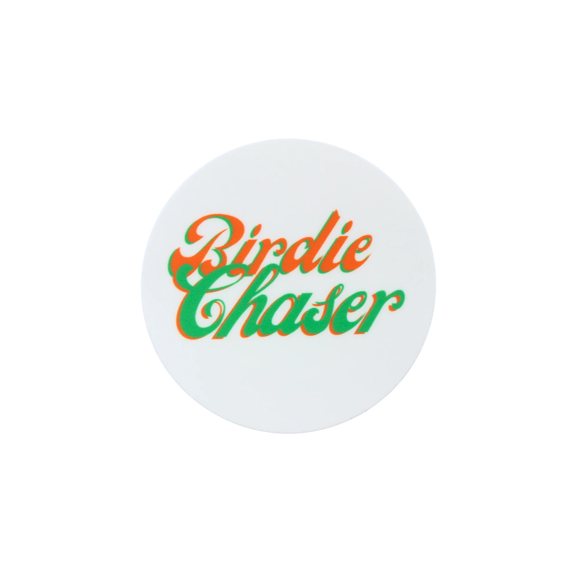 Birdie Chaser Script Tagline round sticker with Birdie Chaser in decorative retro script with orange drop shadow