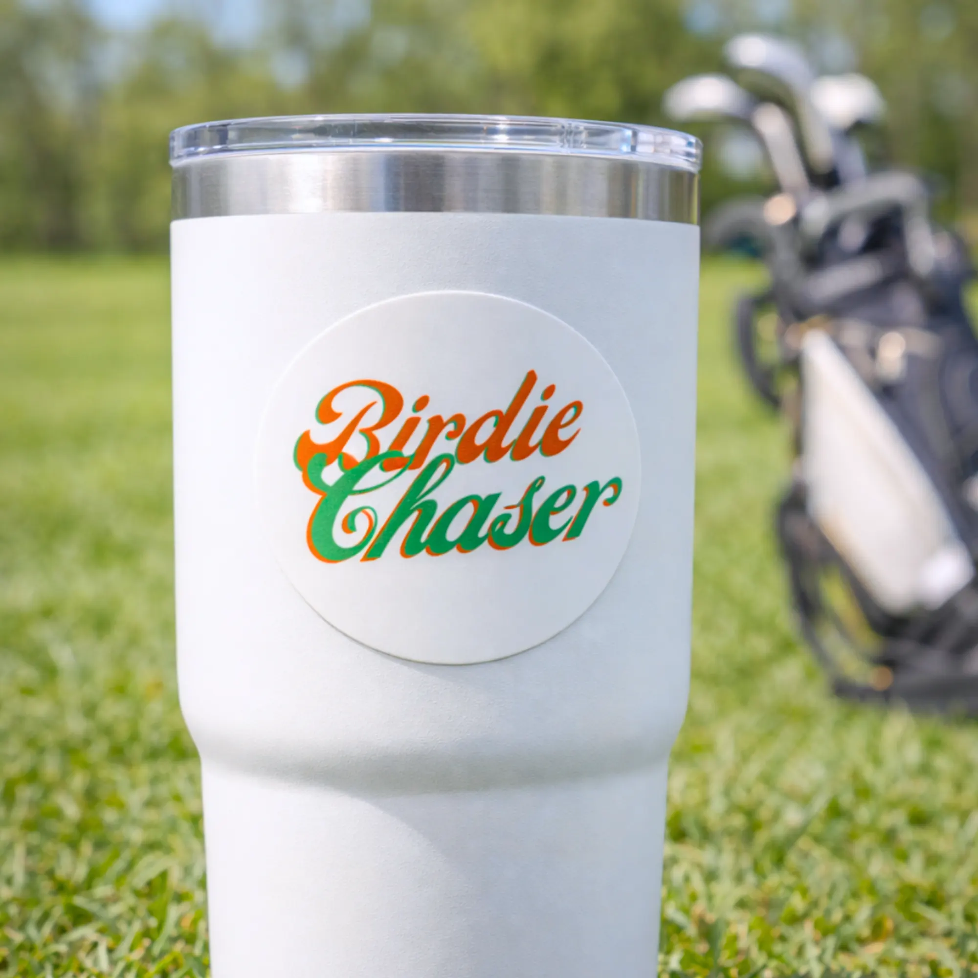 Birdie Chaser Script Tagline sticker shown in a lifestyle setting
