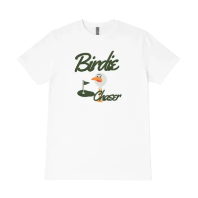 Front view of white Birdie Chaser Core Style 1 t-shirt with green script Birdie Chaser logo and Gurdy mascot on putting green graphic