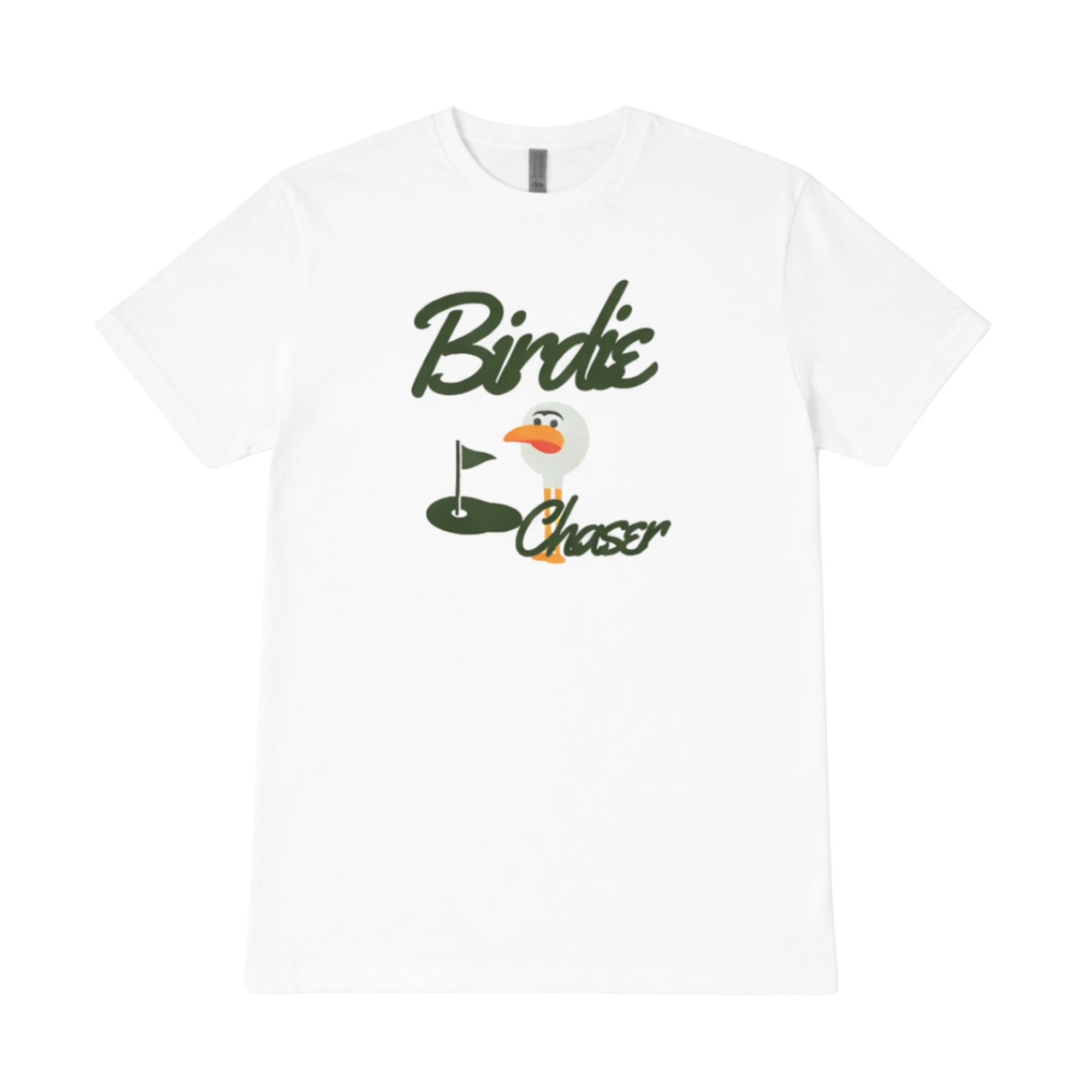 Front of white Birdie Chaser tee with green script logo and Gurdy golf-ball mascot at a golf putting green flag