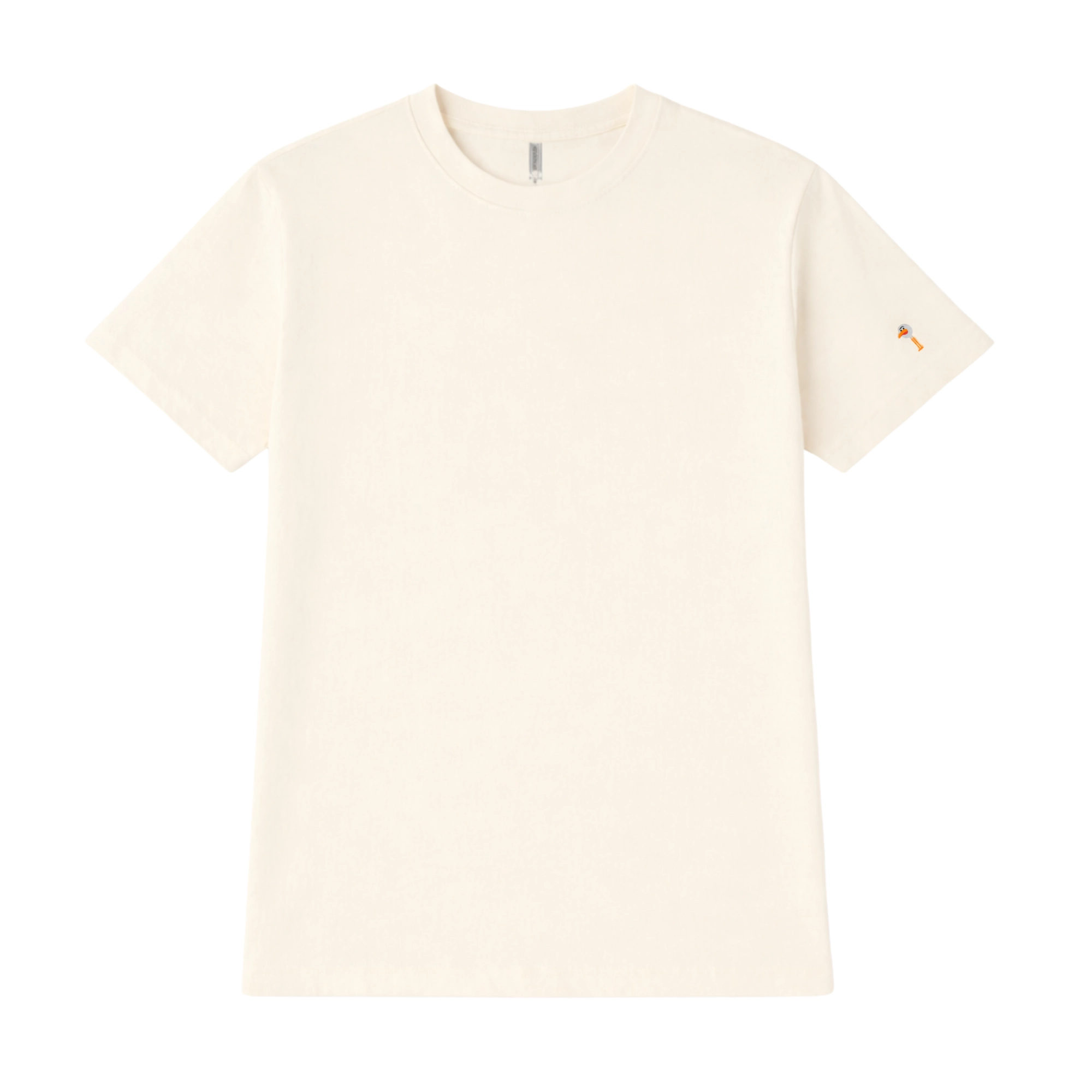 Front view of cream-colored Birdie Chaser Core Style 2 t-shirt with small Gurdy mascot embroidered on the left sleeve